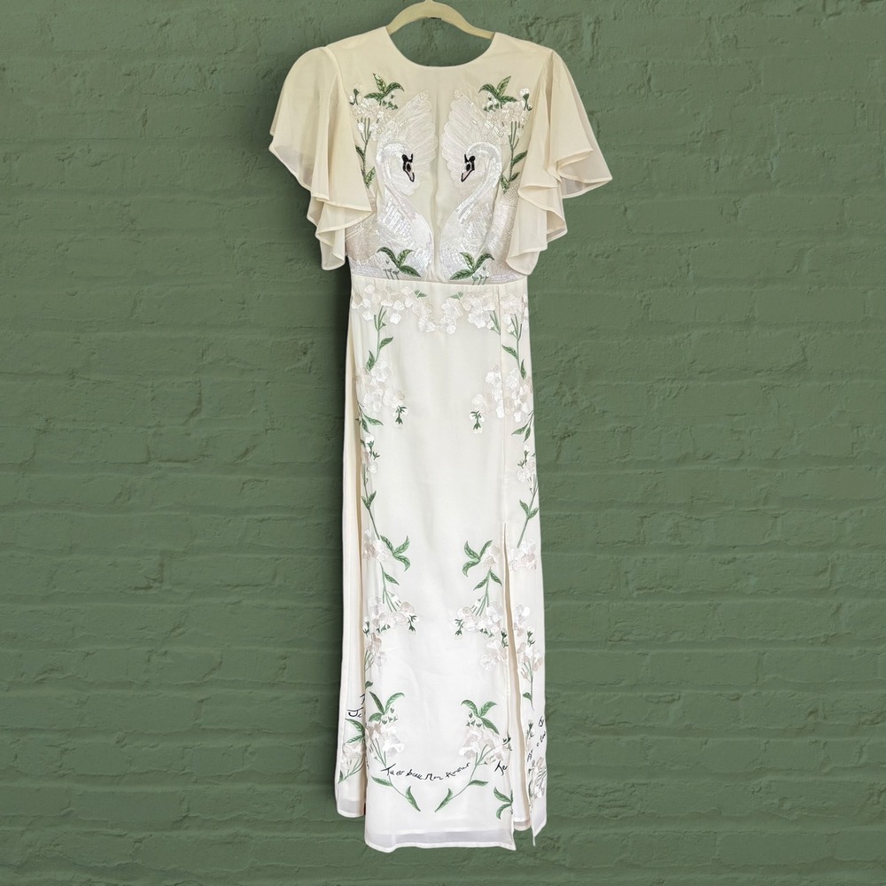 Hope & Ivy Cream Swan Sequin Embroidered Flutter Sleeve Maxi Dress Size 2